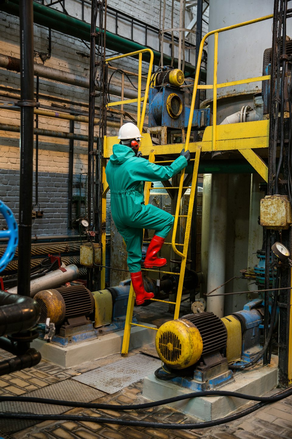 Un ouvrier en costume vert monte une échelle industrielle devant des machines.